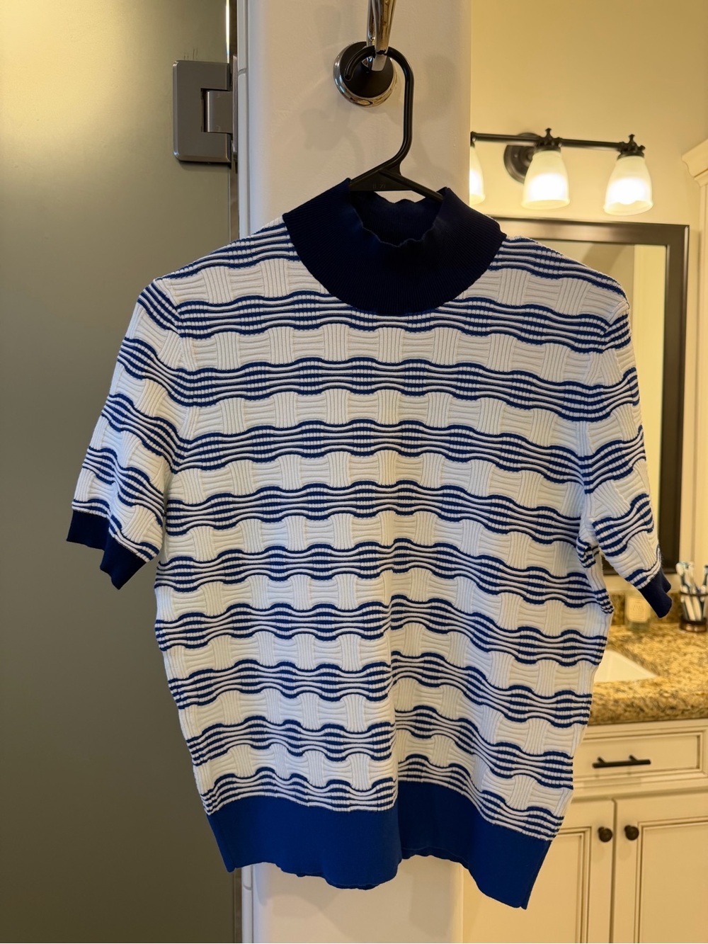Boss Navy and White Striped Short-Sleeve Knit Shirt